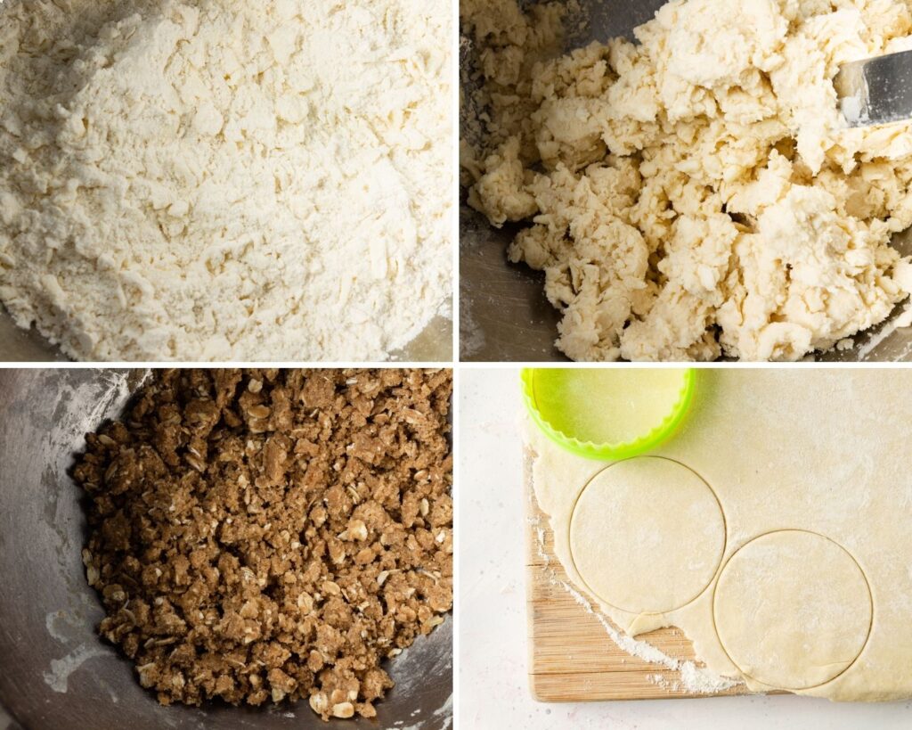 4 process images: butter rubed into flour, water cut into flour mixture, bowl of butter and brown sugar crumble mix, dough rolled out and starting to be cut into rounds