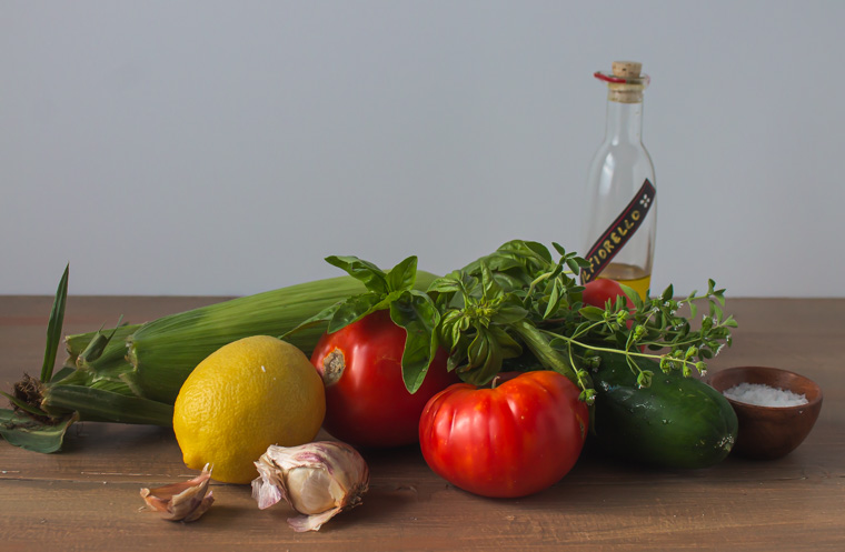 Ingredients for corn tomato gazpacho soup