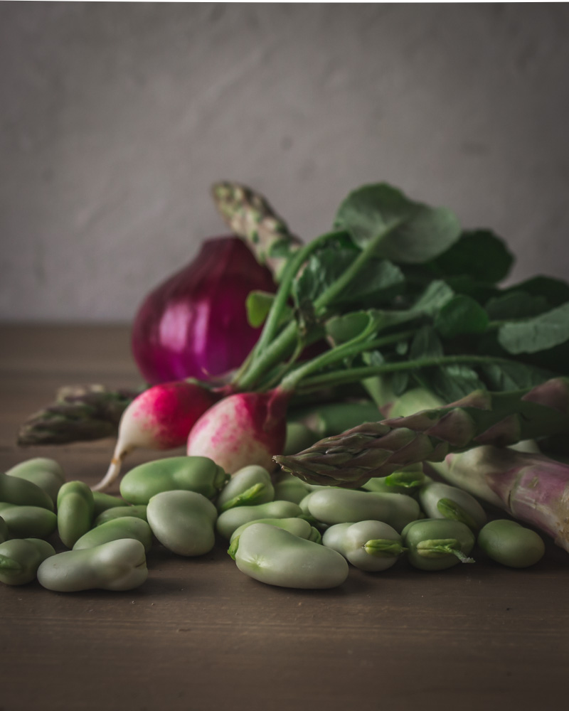 Young red onion, asparagus, fava beans, radishes