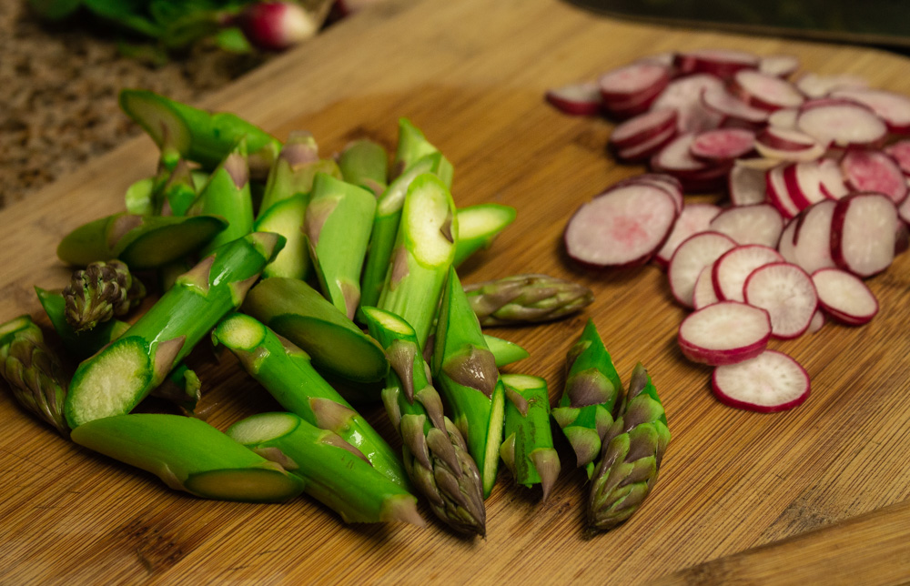 Bias cut asparagus and sliced radishes