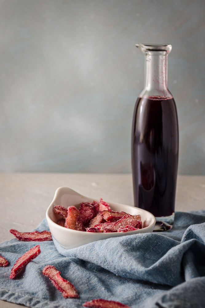Rhubarb red wine syrup and candied rhubarb