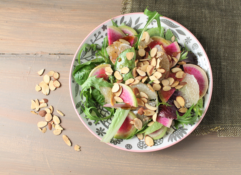 Watermelon radish salad overhead