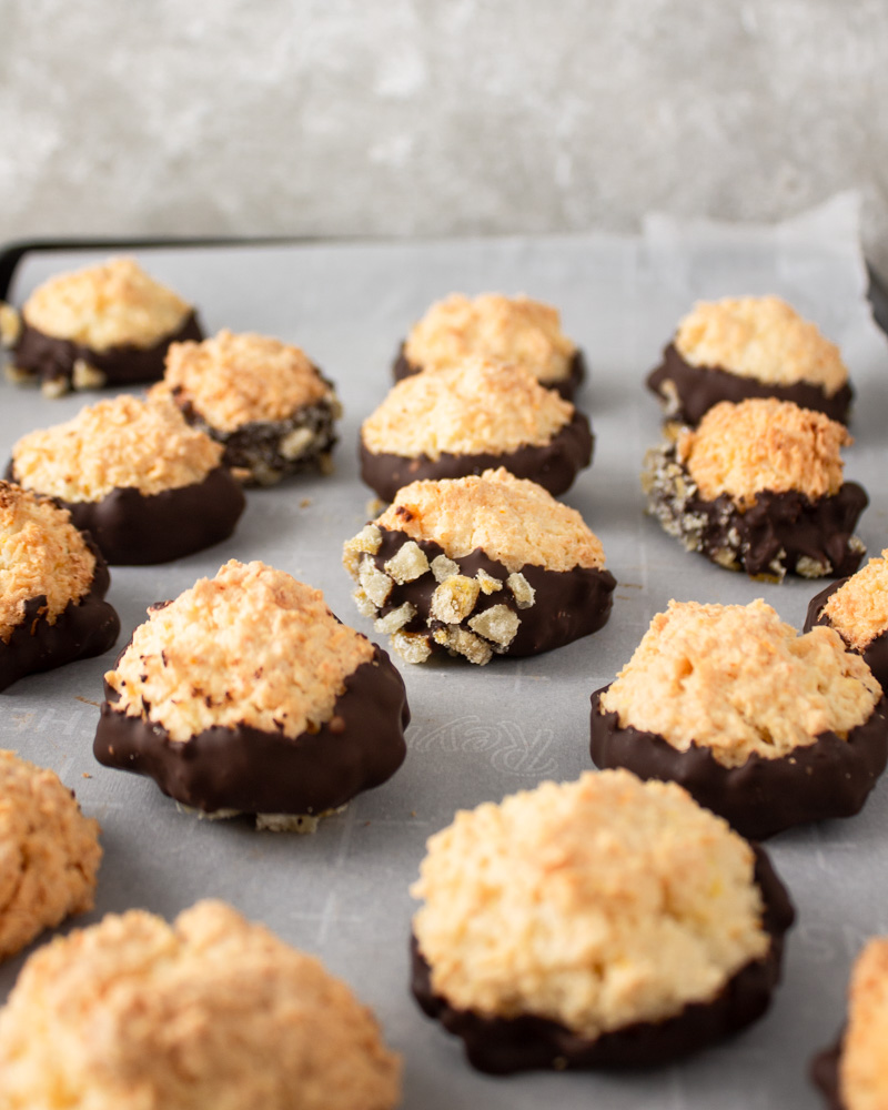 Orange coconut macaroons on baking tray