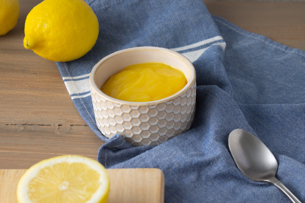 Lemon curd on a blue cloth