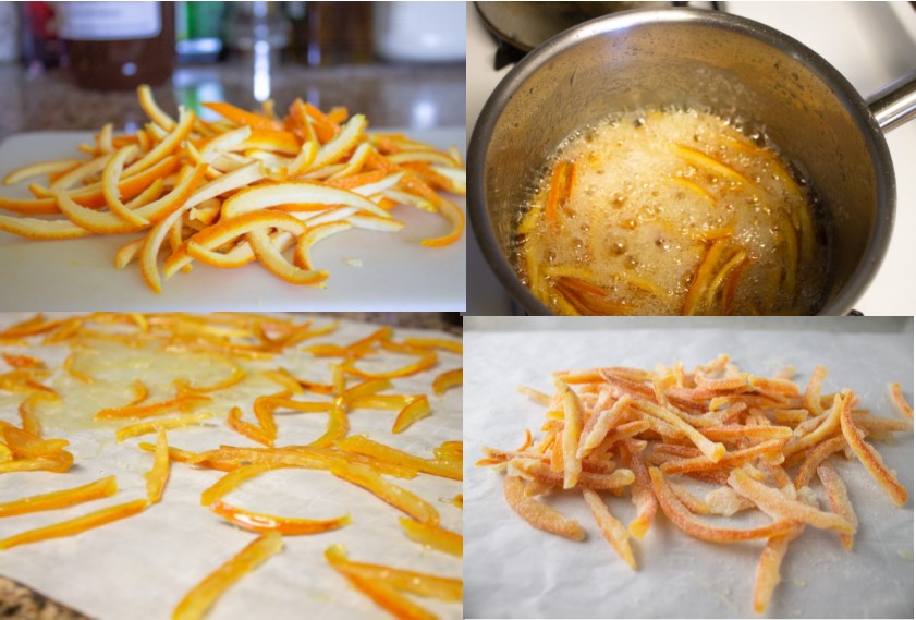 THe stages of making candied orange peel from slicing the peel to tossing in sugar.
