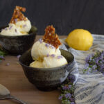 Rosemary lemon ice cream with almond toffee