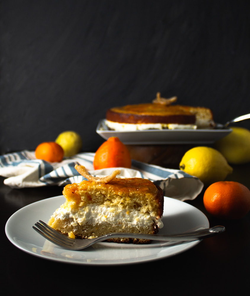 Citrus cake cut with a fork