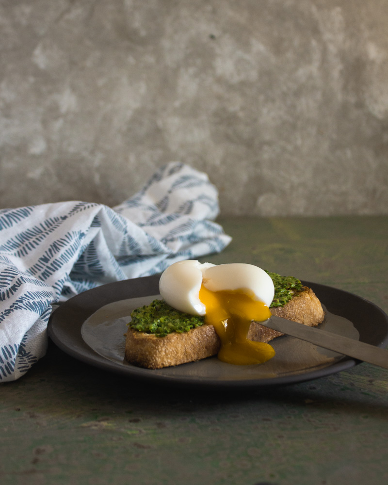 Side view of soft boiled egg on toast with greens spread
