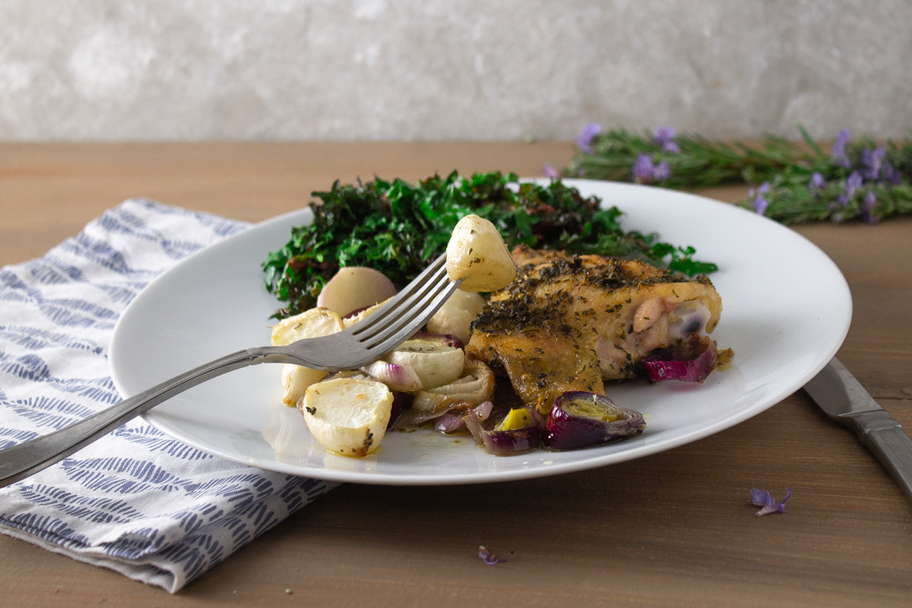 Herbed chicken and turnips with kale