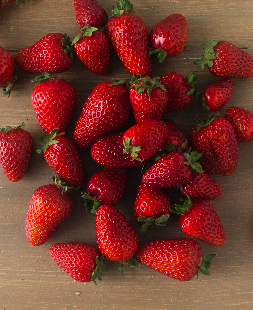 Strawberries overhead shot on wood