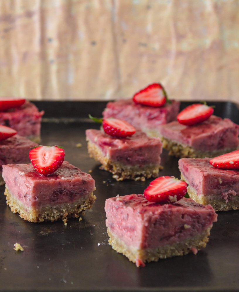 Strawberry bars on baking sheet