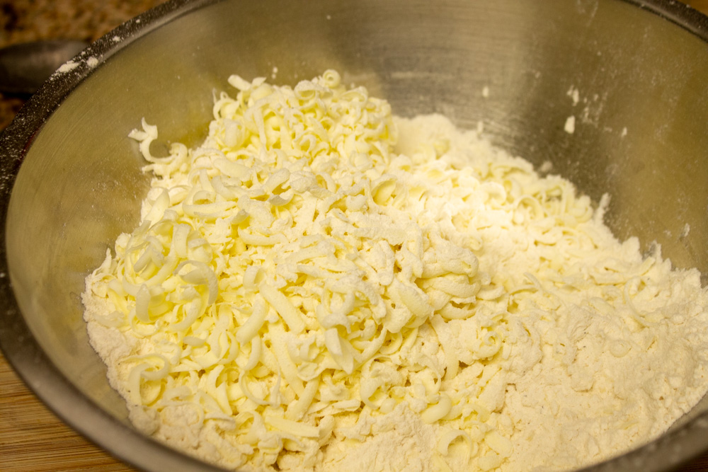Butter grated into flour