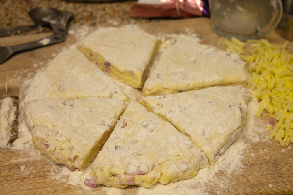 Dough cut into 6 scones before baking