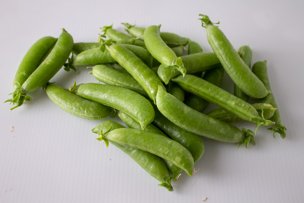 Pile of snap peas on white background