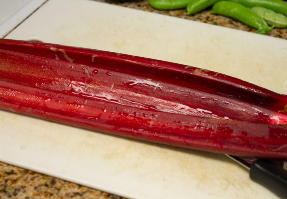 Rhubarb stalks on cutting board