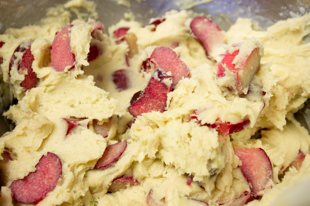 Thick batter with rhubarb slices