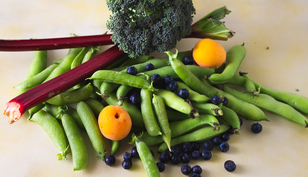 Snap peas, fava beans, apricots, rhubarb, broccoli, blueberries