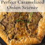 Caraleized onion tart overhead shot with text