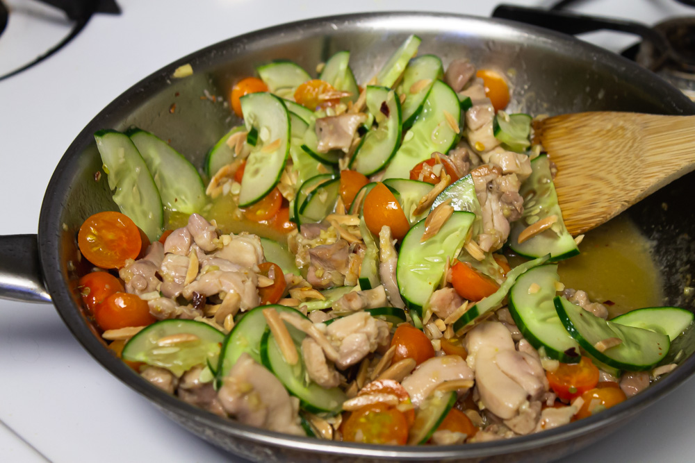 Pan with chicken filling ready to go in wraps