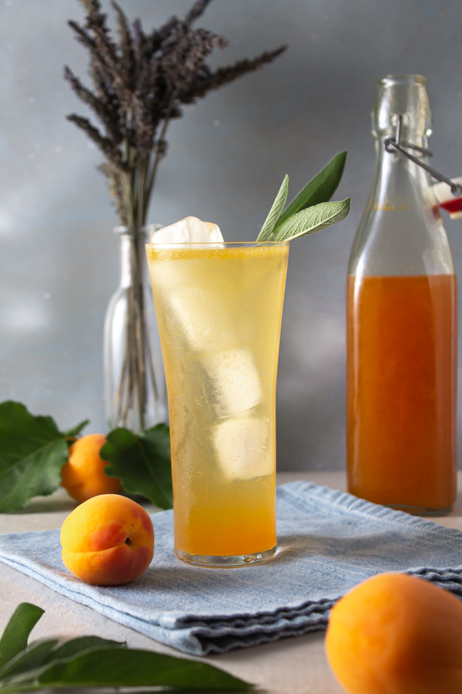 Tall glass of shrub with soda water and a bottle of shrub against a blue background