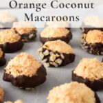 Orange coconut macaroons dipped in dark chocolate with text