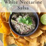 Overhead shot of white nectarine salsa with tortilla chips