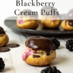Blackberry cream puffs with text