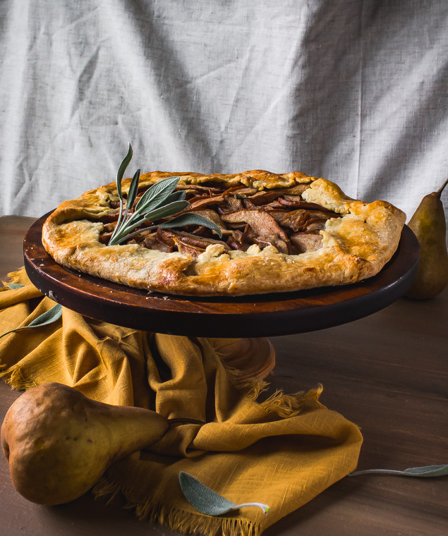 olive oil crust pear galette on stand