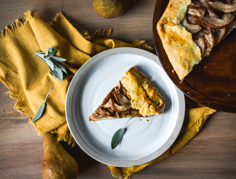 Overhead shot of slice of olive oil crust pear galette