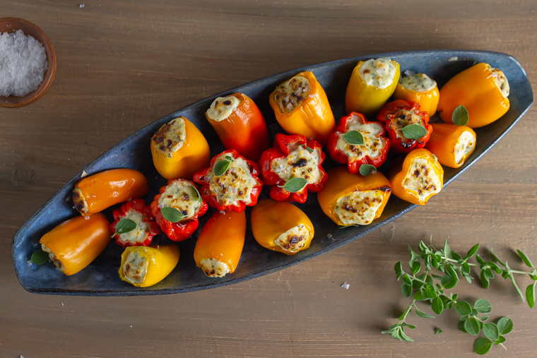 Overhead shot riccot stuffed peppers