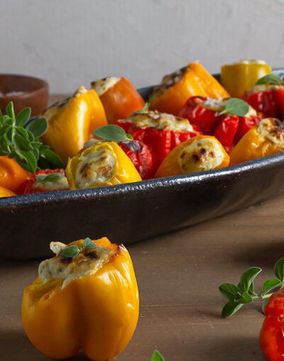 ricotta stuffed peppers in blue dish