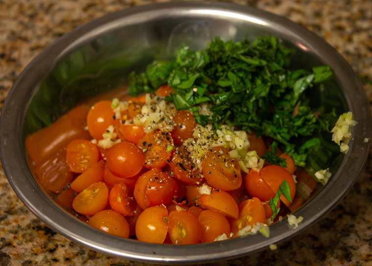 tomatoes, basil, and garlic for pizza sauce