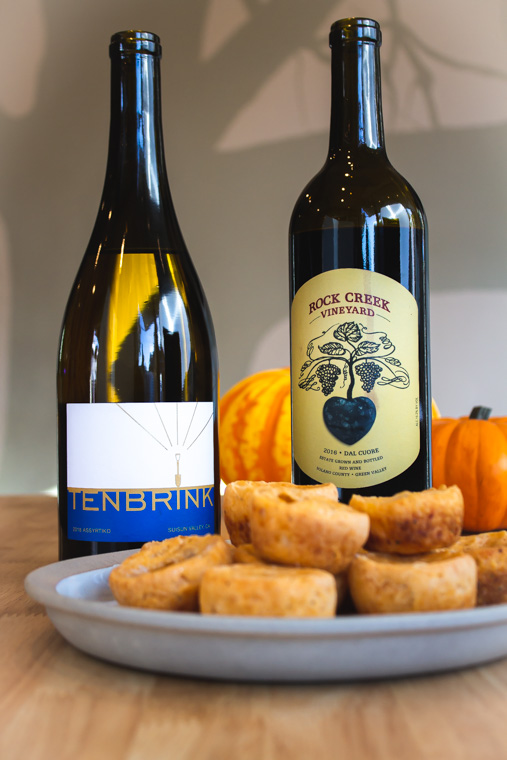 Tapioca cheese bread with butternut paired with two wines from SUisun valley Filling station