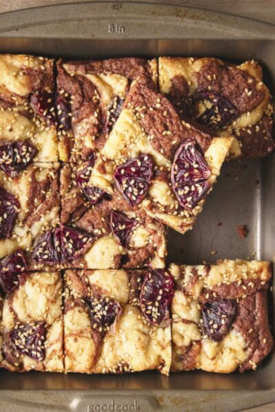 Overhead view of blood orange tahini blondies in pan