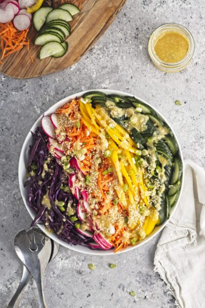 Overhead view of a bowl of coleslaw with the vegetables arranged in a rainbow of purple cabbage, red radishes, orange carrots, yellow peppers, and green cucumber.