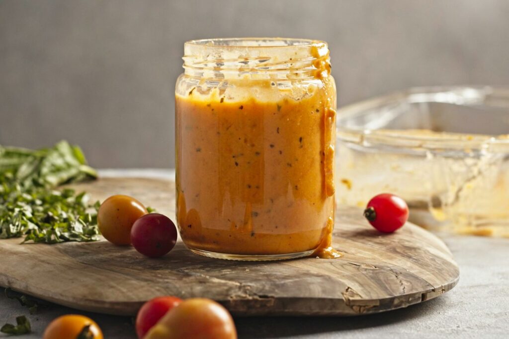 Open jar of blended tomato sauce sitting on a cutting board next to an empty baking dish with some fresh cherry tomatoes and basil scattered around. The jar has a drip of sauce running down the side.
